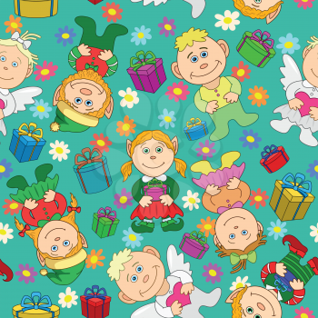 Seamless holiday background: cartoon girl and boy with gift boxes and valentine hearts. Vector