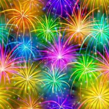 Firework background seamless of various colors. Pattern for holiday design. Vector eps10, contains transparencies