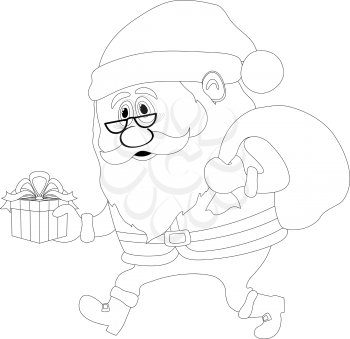 Santa Claus with a bag of gifts, Christmas illustration, cartoon character, black contour on white background. Vector