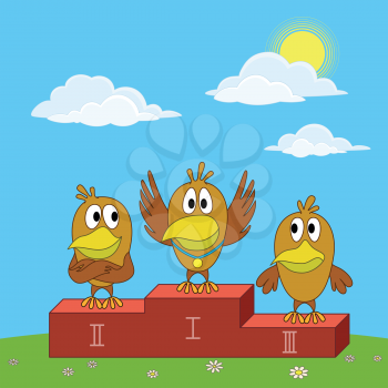 Sports cartoon: birds chickens sportsman standing on a pedestal. Vector