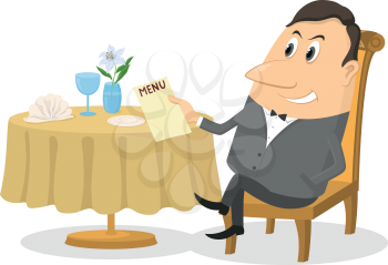 Respectable young man sitting behind restaurant table and reading menu, funny cartoon character. Vector