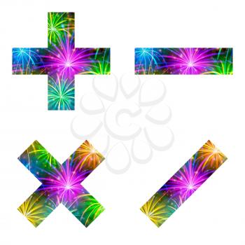 Set of mathematical signs plus, minus, multiplication and division, stylized colorful holiday firework with stars and flares, elements for web design. Eps10, contains transparencies. Vector