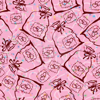 Valentine holiday seamless background with abstract pattern of pictogram bags, hearts and stars, pink and brown. Vector