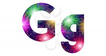 Set of English letters signs uppercase and lowercase G, stylized colorful holiday firework with stars and flares, elements for web design. Eps10, contains transparencies. Vector