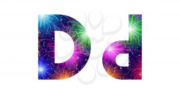 Set of English letters signs uppercase and lowercase D stylized colorful holiday firework with stars and flares, elements for web design. Eps10, contains transparencies. Vector