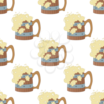 Seamless background with cartoon wooden beer mugs with foam. Vector