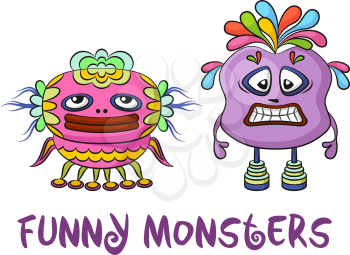 Set of Funny Colorful Cartoon Characters, Different Monsters, Elements for your Design, Prints and Banners, Isolated on White Background. Vector