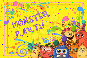 Background for Your Holiday Party Design with Different Cartoon Monsters, Colorful Illustration with Cute Funny Characters. Vector