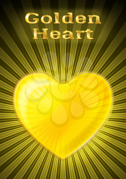 Golden Shining Valentine Heart with Yellow Radial Rays, Love Symbol on Black Background. Eps10, Contains Transparencies. Vector