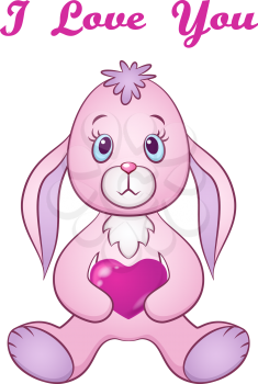 Cartoon Funny Rabbit, Cute Little Bunny, Siting with Valentine Heart in Paws, Holiday Symbol of Love, Isolated on White Background. Eps10, Contains Transparencies. Vector