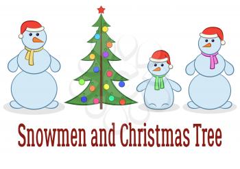 Set of Cartoon Snowmen, Snowballs Family, Mother, Father and Baby with Christmas Fir Tree, Holiday Symbols for Your Design, Isolated on White Background. Vector