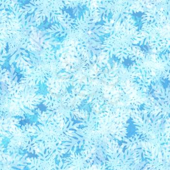 Christmas Seamless Background, Blue Sky with Abstract Floral Frosty Patterns and Sparks on Blue, Tile Holiday Design. Eps10, Contains Transparencies. Vector