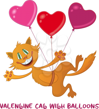 Cartoon Red Cat, Funny Pet, Smiling and Flying on Colorful Balloons in Shape of Valentine Holiday Hearts, Isolated on White Background. Vector