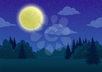 Cartoon Background, Night Landscape with Green Summer Forest, Blue Sky, White Clouds and Big Bright Moon. Vector