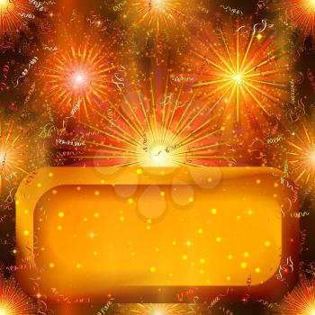 Holiday Background with Orange Colorful Fireworks, Confetti, Streamers and Golden Banner. Eps10, Contains Transparencies. Vector