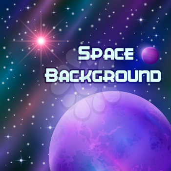 Fantastic Space Background with Unexplored Symbolic Planet, Satellite, Sun and Stars. Eps10, Contains Transparencies. Vector