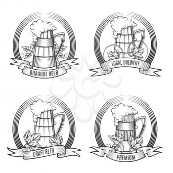 Set of Beer mugs and hop leaves emblem with ribbon. Engraving style. Free font Oswald used. isolated on white background.
