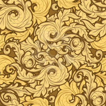 Seamless background with golden leaves drawn in retro style.