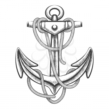Hand drawn anchor with rope. Engraving style. Isolated on white background. 