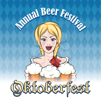 Pretty girl with mugs of beer and wording Oktoberfest. Famous German Beer Festival Emblem.