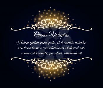 Ornate Frame with golden swirls shining stars and place for your text. Vector Illustration.