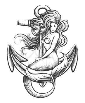 Beauty long haired siren mermaid on the anchor. Vector illustration in tattoo style