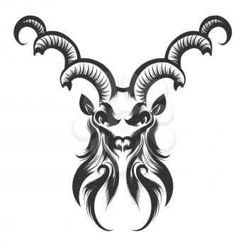 Engraving illustration of the Capricorn Head. Zodiac symbol isolated on white.