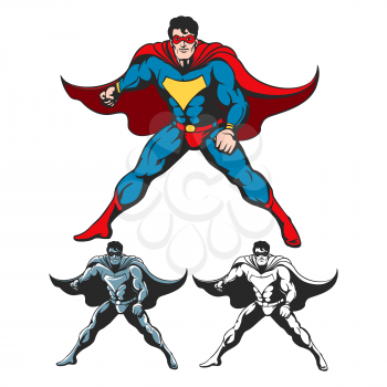 Cartoon Superhero standing with cape waving in the wind. Colorful and two additional versions in retro comic book style isolated on white. No gradients used. Vector illustartion