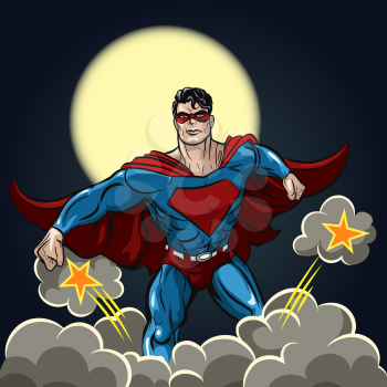 Superhero standing with cape flowing in the wind against clouds of smoke and sparkles. Vector illustration