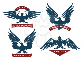 Set of eagle heraldic labels with stars, shields and ribbons. Symbol and bird, logo design element. Vector illustration