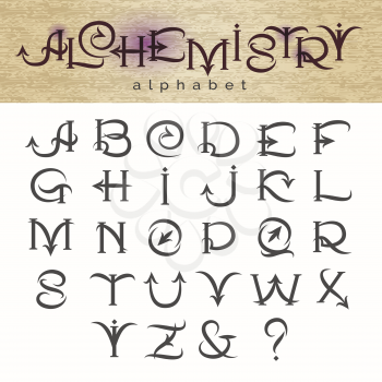 Hand drawn alphabet in medieval alchemy style. Vector illustration