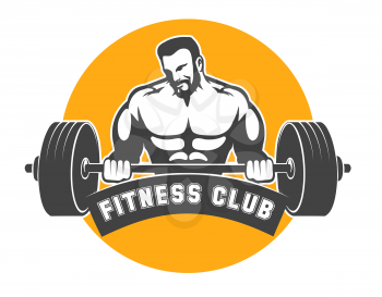 Fitness Club or Gym emblem. Sporty man holds barbell. Power lifting exercises concept. Vector illustration.