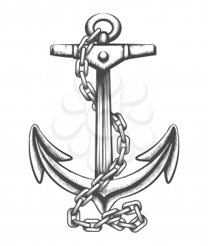Tattoo of Ship anchor in hains drawn in engaving style. Vector Illustration.