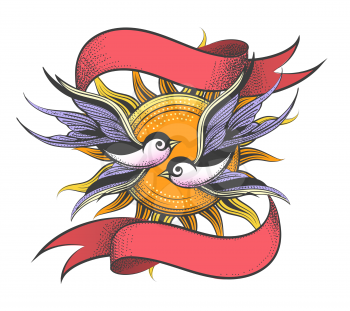 Two Flying Birds against sun and ribbons drawn in tattoo style. Vector illustration.