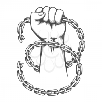 Tattoo of Clenched Fist and Broken Chains drawn in engraving style. Fighting against slavery concept. Vector illustration.