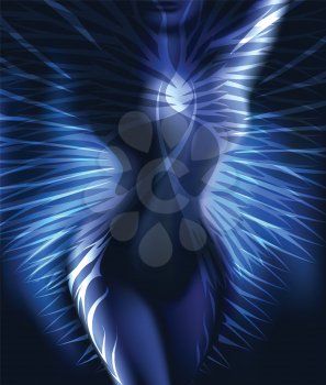Illustration with  winged woman body against dark blue background 