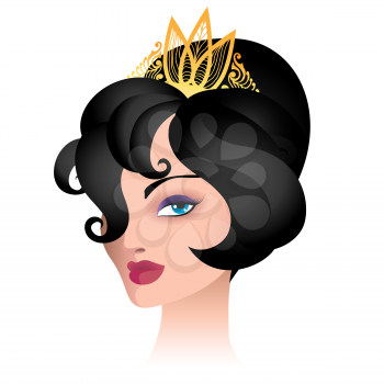 Beautiful woman in golden tiara. Vector illustration.