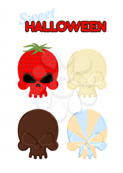 Sweet Halloween. Set Sweet skull of white and dark chocolate, strawberry and caramel. Vector illustration of candy for holidays