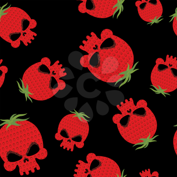 Strawberry skull seamless pattern. Red head skeleton with texture of berries. Vector background for Halloween
