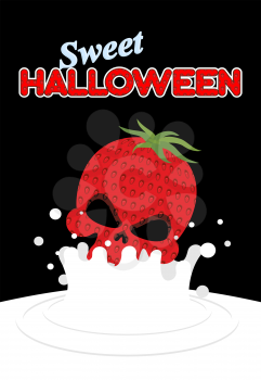Strawberry skull falls in milk. Splashes of white milk. Vector illustration for Halloween