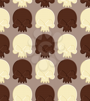 Skull white and dark chocolate seamless pattern. Head skeleton made of chocolate. Sweet candy in  shape of a skull. Vector background for Halloween