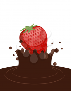 Red ripe strawberry drops in liquid hot chocolate. Splashes of chocolate on white background. Vector illustration food.