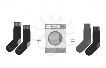 Black socks and a washing machine. Shades of gray, different socks after washing. Vector illustration.

