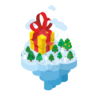 Flying Christmas Island. Gift and Christmas tree for fantastic earth. Part of land flies in  air. Snowman and big box gift. New year illustration.