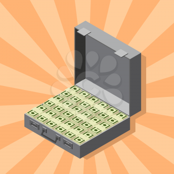 A suitcase of money, wads of dollars, isometric style