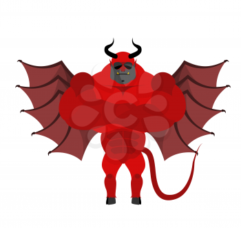 Strong Satan. Red demon with horns and wearing sunglasses. Big and strong Devil with wings. Scary bodybuilder. large muscles and tail. Fitness from hell