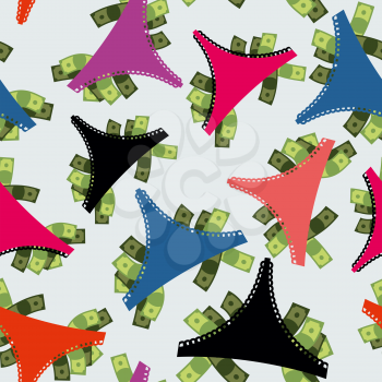 Money Panties seamless pattern. Panties and many dollars. Earnings for strippers. Background color of underwear.
