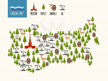 Russia Map. Infographic of the Russian Federation. Minerals oil and forests. The Moscow Kremlin and bears. Vector illustration
