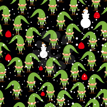 Elf Santas helper seamless background. Feast of texture. Snowman bag with gifts and texture.