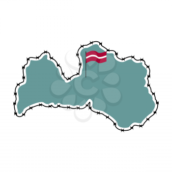 Map Of Latvia. Country closes border against refugees. Map of States with barbed wire. European country protects its borders.  Latvian Flag. Surrounded by perimeter fence